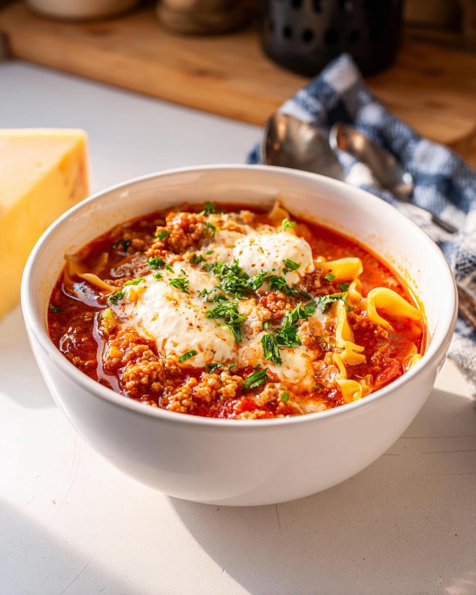A white bowl filled with Healthy Comfort Lasagna Soup, topped with ricotta cheese and fresh parsley.