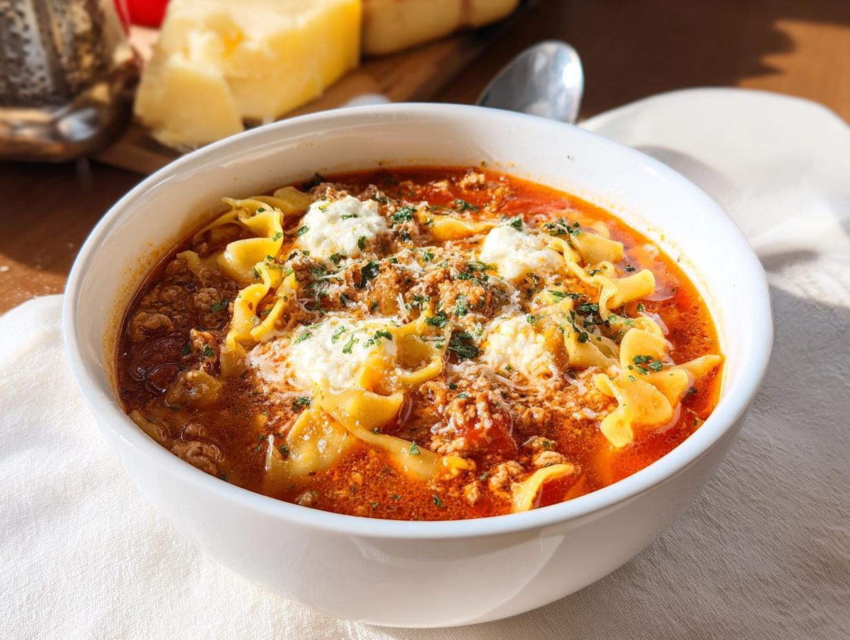 A close-up of a white bowl filled with Healthy Comfort Lasagna Soup, featuring noodles, meat sauce, and dollops of ricotta cheese.