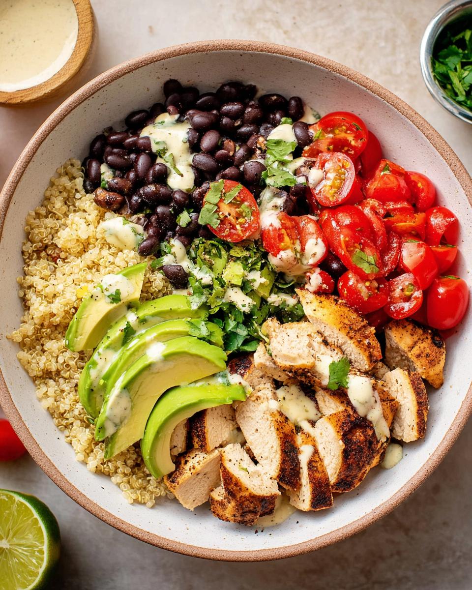 Overhead view of a Healthy Dinner Taco Bowl featuring seasoned chicken, quinoa, black beans, avocado, and tomatoes.
