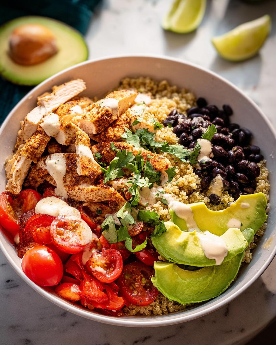 Overhead shot of a Healthy Dinner Taco Bowl featuring seasoned chicken, quinoa, black beans, tomatoes, and avocado slices.