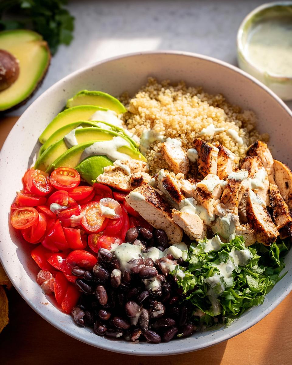 Close-up of a Healthy Dinner Taco Bowl featuring sliced grilled chicken, quinoa, black beans, avocado, and tomatoes.