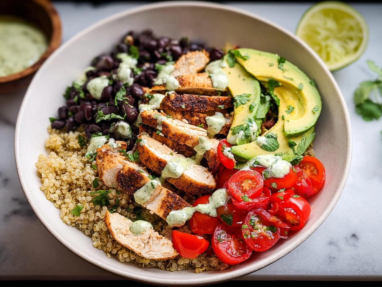 Close-up of a Healthy Dinner Taco Bowl featuring sliced seasoned chicken, quinoa, black beans, avocado, and tomatoes.
