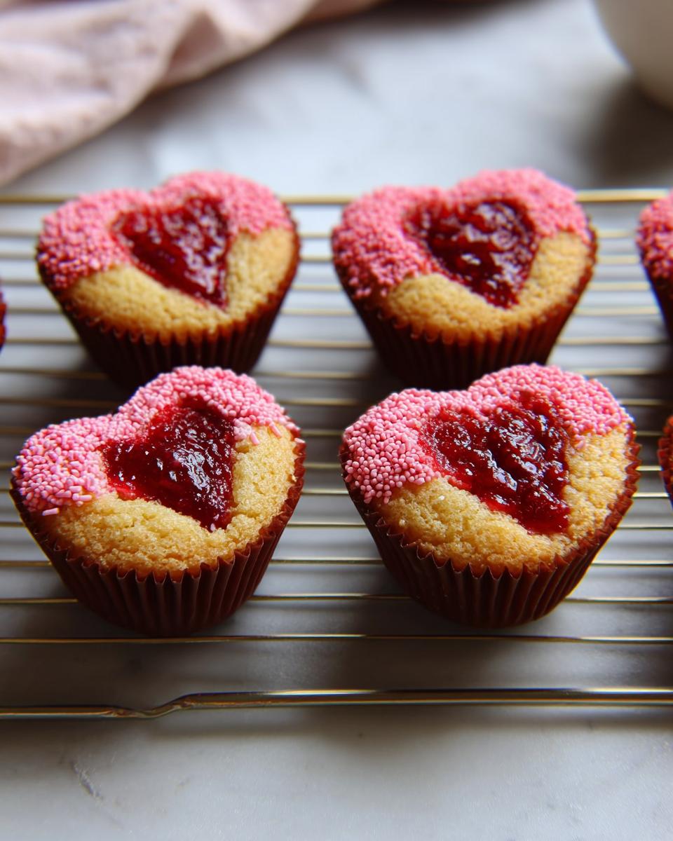 Four heart-shaped Valentine cupcakes with jam centers and pink sprinkles cooling on a wire rack.