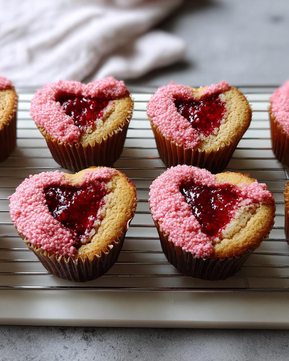 Four Heart-Filled Valentine Cupcakes with jam centers and pink sprinkle borders cooling on a rack.