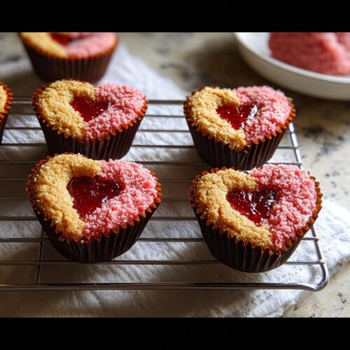 Four Heart-Filled Valentine Cupcakes with jam centers cooling on a wire rack.