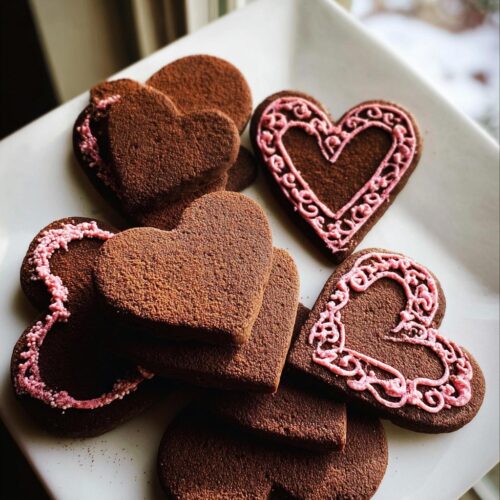 A pile of rich brown Heart-Shaped Chocolate Sugar Cookies, some dusted with cocoa and others decorated with pink royal icing.