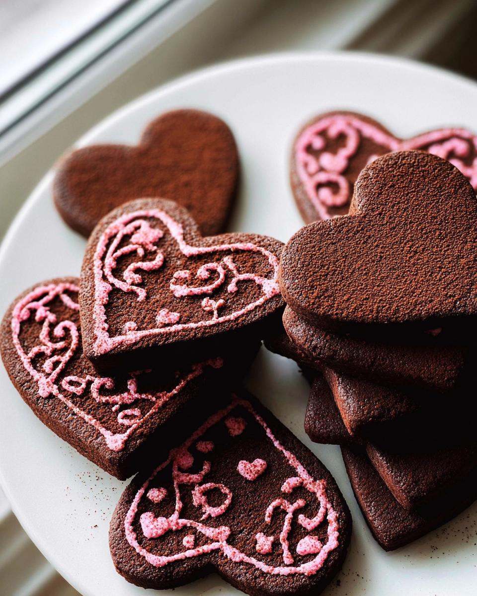 A close-up of rich, dark Heart-Shaped Chocolate Sugar Cookies, some dusted with cocoa and others decorated with pink icing.