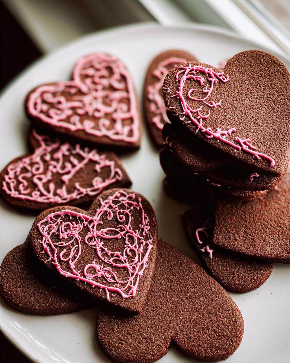 A plate of rich brown Heart-Shaped Chocolate Sugar Cookies decorated with delicate pink icing swirls.