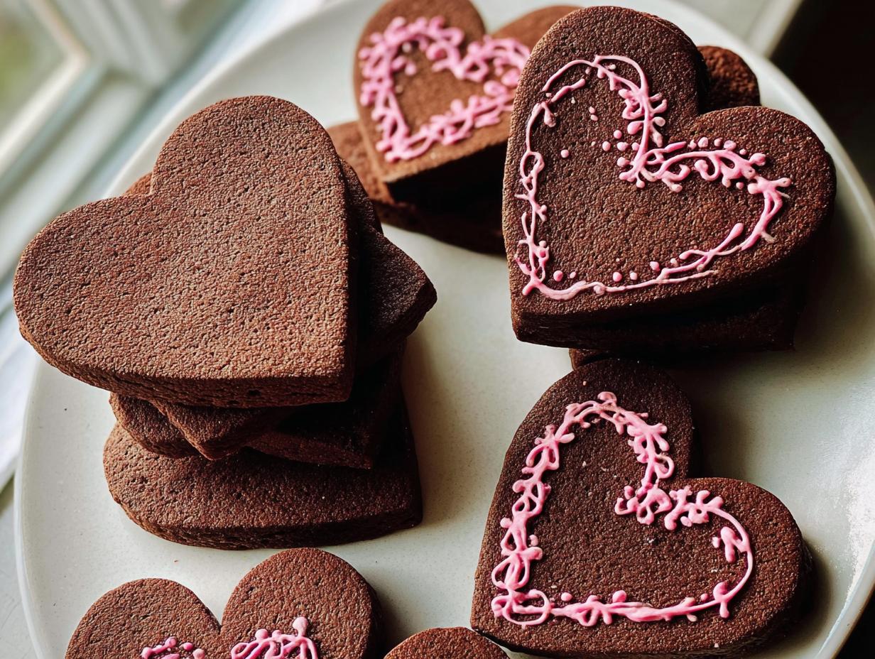 Close-up of several rich, dark brown Heart-Shaped Chocolate Sugar Cookies, some decorated with delicate pink icing.