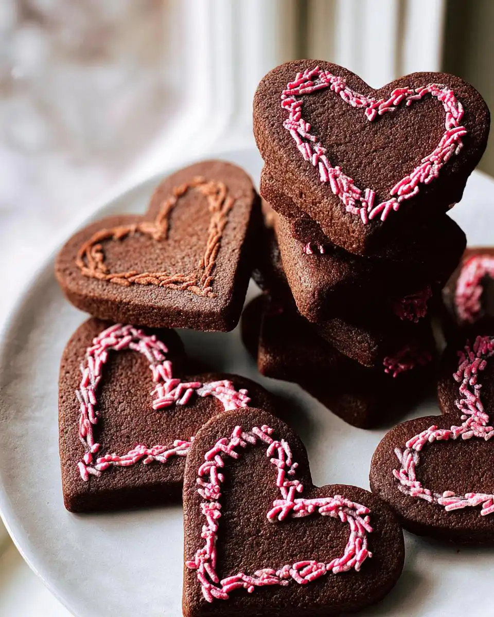 A stack and arrangement of rich, dark Heart-Shaped Chocolate Sugar Cookies decorated with pink sprinkles.