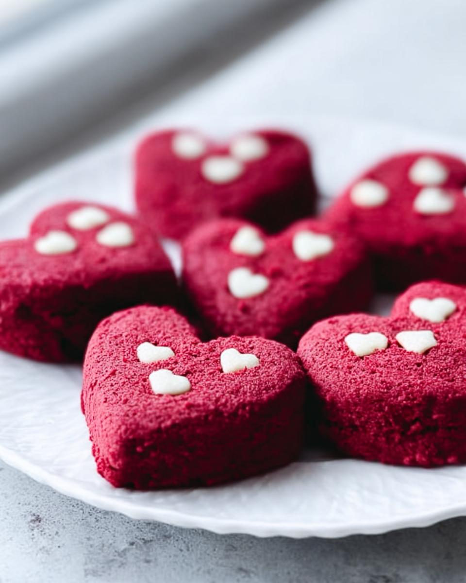 A close-up of several vibrant, deep red Heart-Shaped Red Velvet Cookies decorated with small white heart sprinkles.