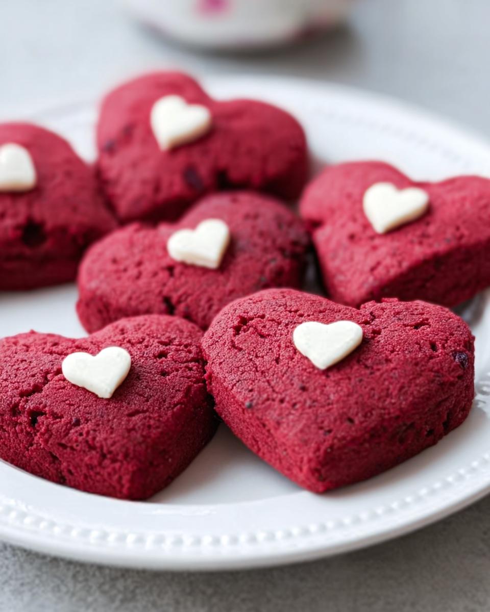 Close-up of several rich red Heart-Shaped Red Velvet Cookies topped with small white candy hearts on a white plate.