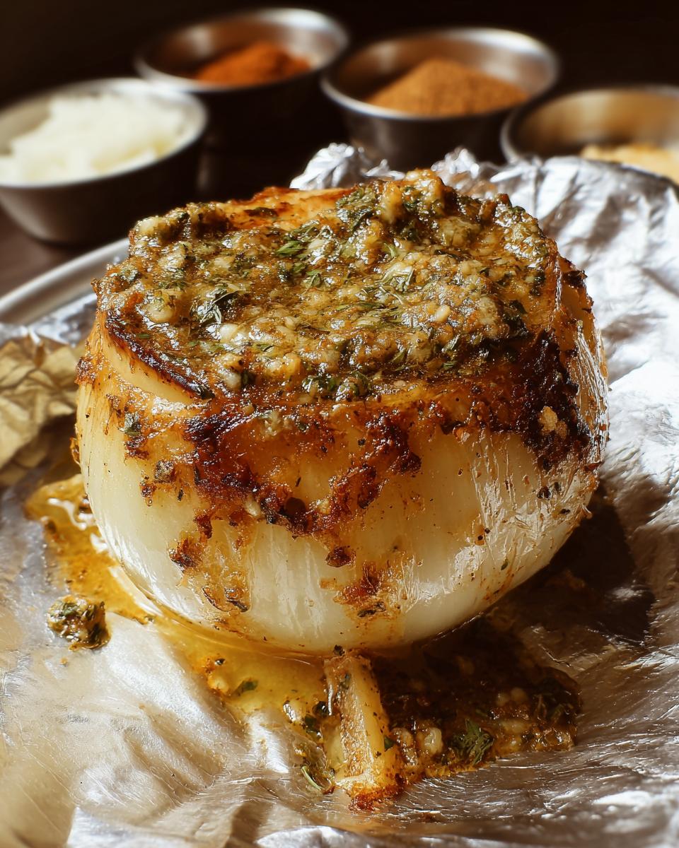 A single baked onion topped with melted herb butter, prepared for an Herb Butter Onion Boil.