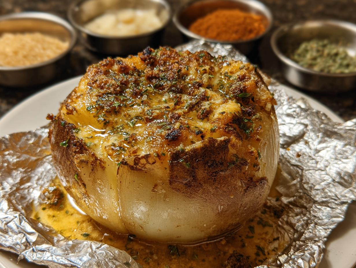 A whole baked onion topped with melted cheese and herbs, sitting in herb butter, part of the Herb Butter Onion Boil.