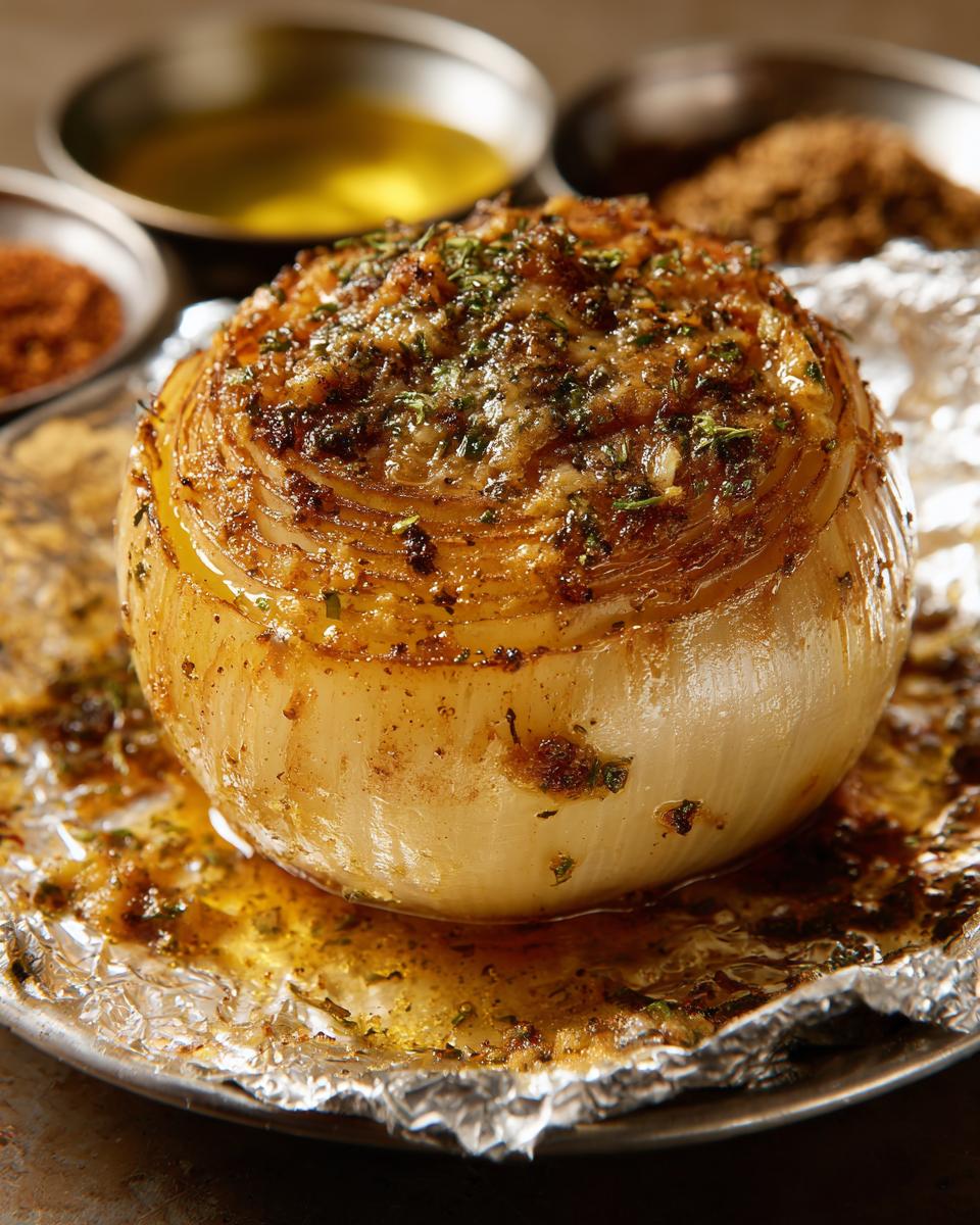 A whole baked onion seasoned with herbs, part of an Herb Butter Onion Boil, resting on foil.