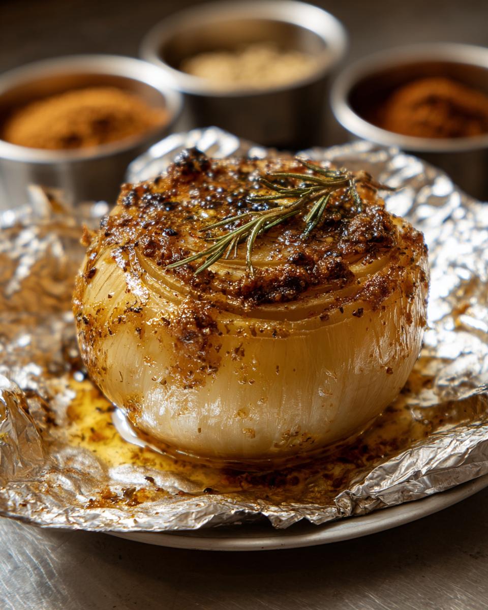 A single baked onion seasoned with herb butter, resting on foil, ready for the Herb Butter Onion Boil.