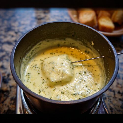Close-up of bread being dipped into creamy, melted Herb Cheese Fondue speckled with green herbs.