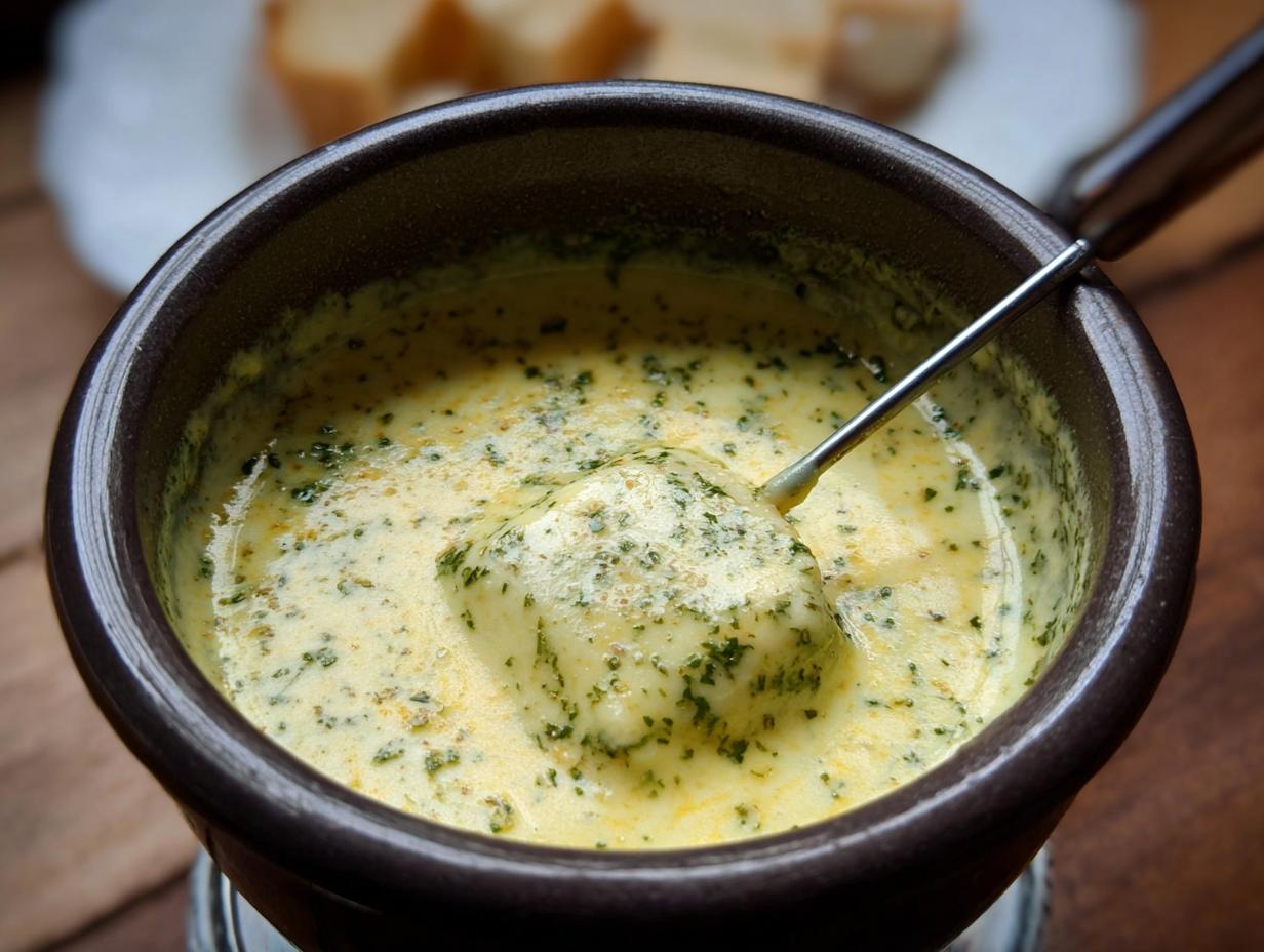 Close-up of a piece of bread being dipped into creamy Herb Cheese Fondue in a dark pot.