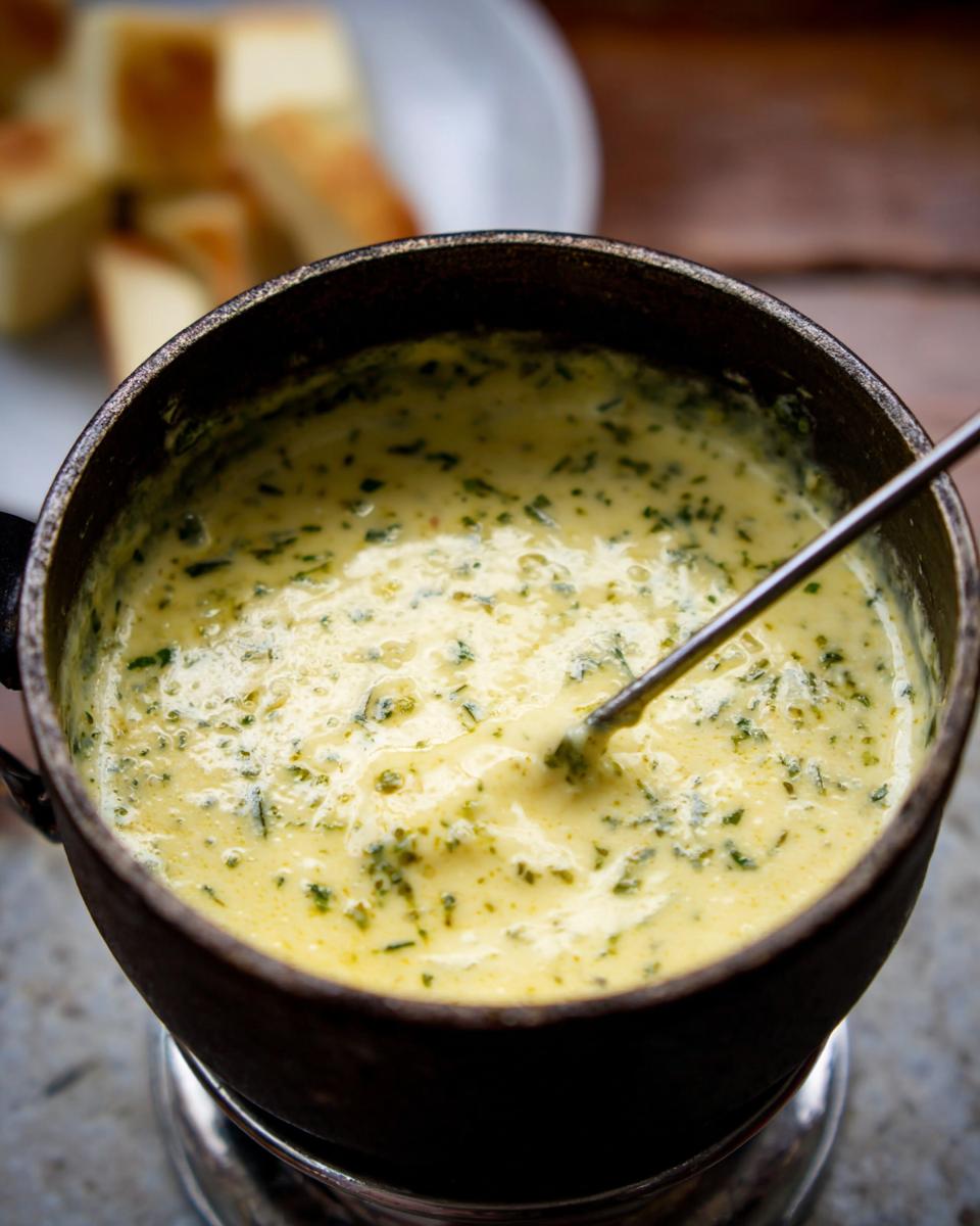 Close-up of creamy, yellow Herb Cheese Fondue speckled with green herbs in a dark fondue pot.