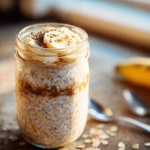 A jar of High-Protein Greek Yogurt Overnight Oats topped with banana slices and chia seeds.