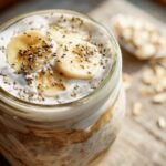 Close-up of High-Protein Greek Yogurt Overnight Oats topped with banana slices and chia seeds in a jar.