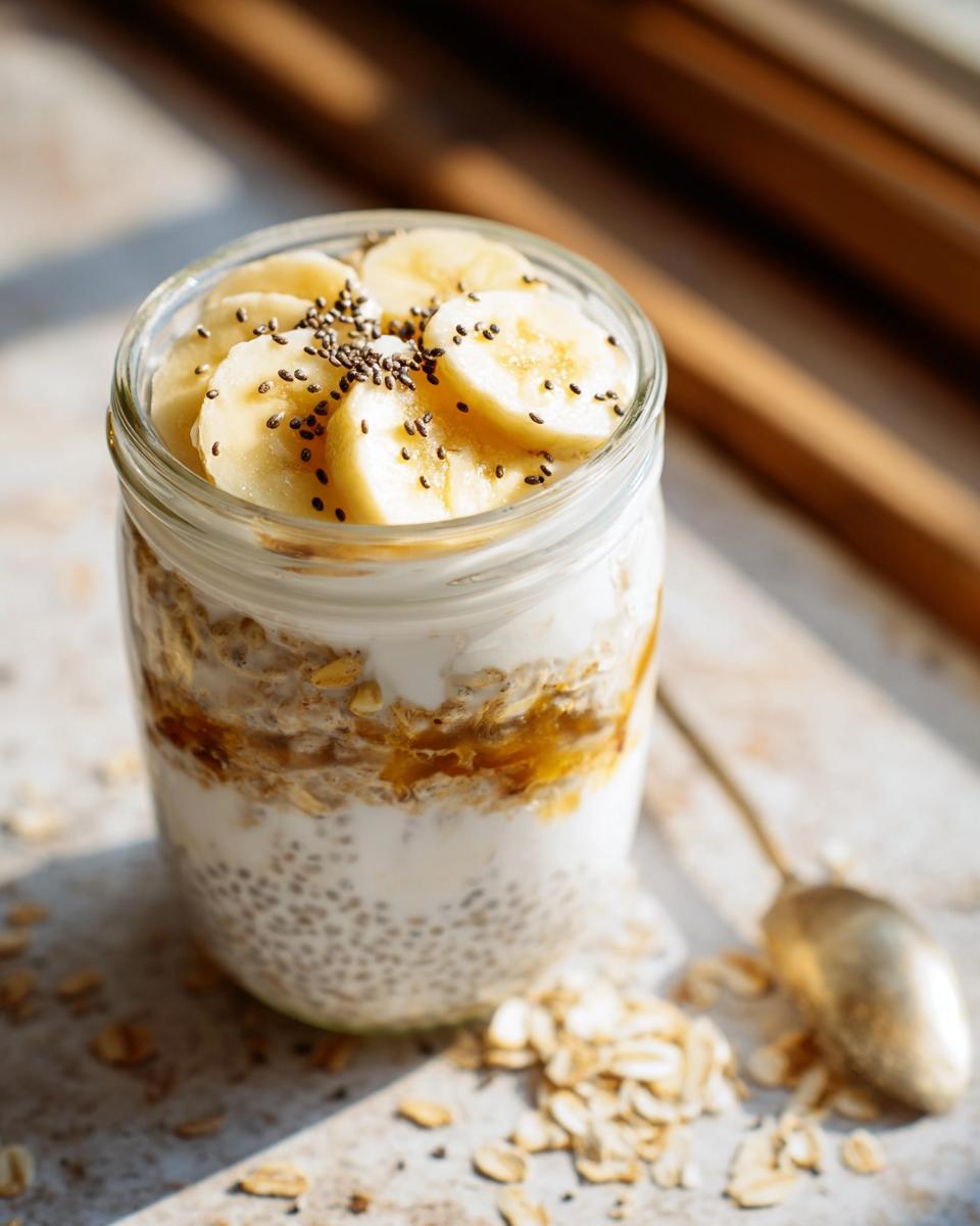 Close-up of High-Protein Greek Yogurt Overnight Oats layered with chia seeds and topped with banana slices and more chia seeds.