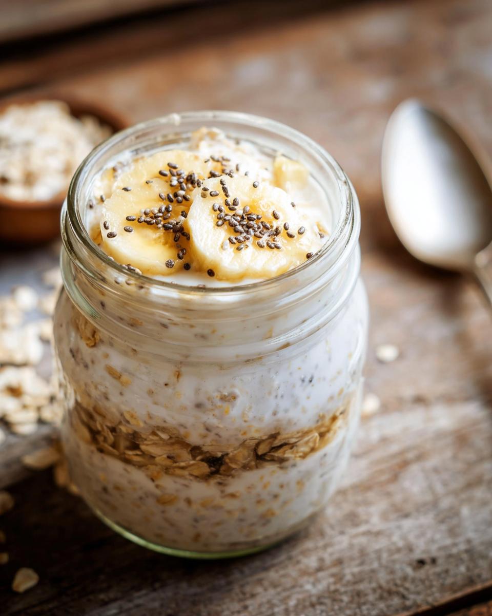 Close-up of High-Protein Greek Yogurt Overnight Oats topped with banana slices and chia seeds in a glass jar.