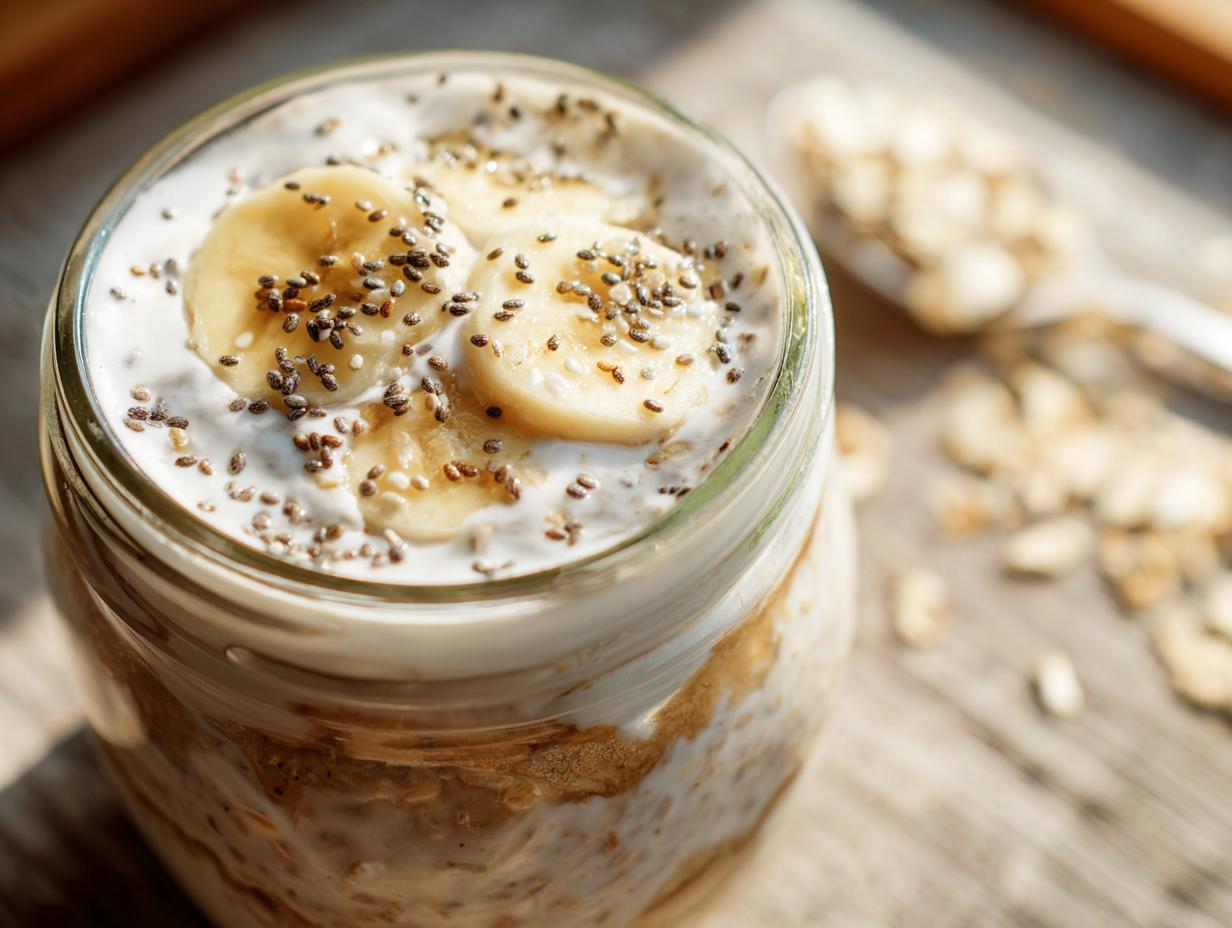Close-up of High-Protein Greek Yogurt Overnight Oats topped with banana slices and chia seeds in a jar.