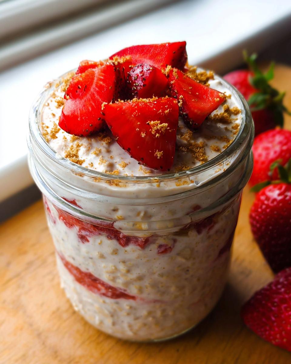 Close-up of High-Protein Strawberry Cheesecake Overnight Oats topped with fresh strawberries and crumbs in a glass jar.