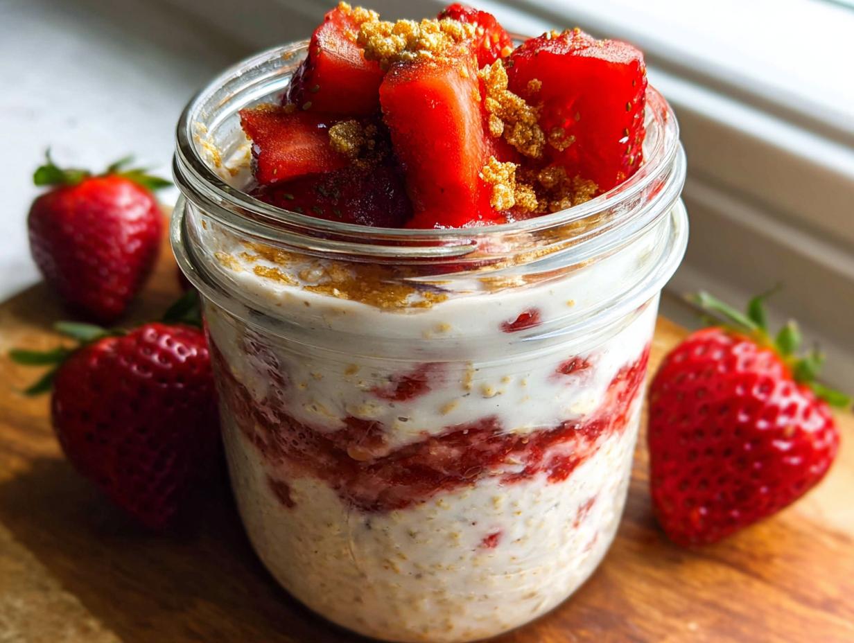 A jar filled with High-Protein Strawberry Cheesecake Overnight Oats, topped with fresh strawberries and crumble.
