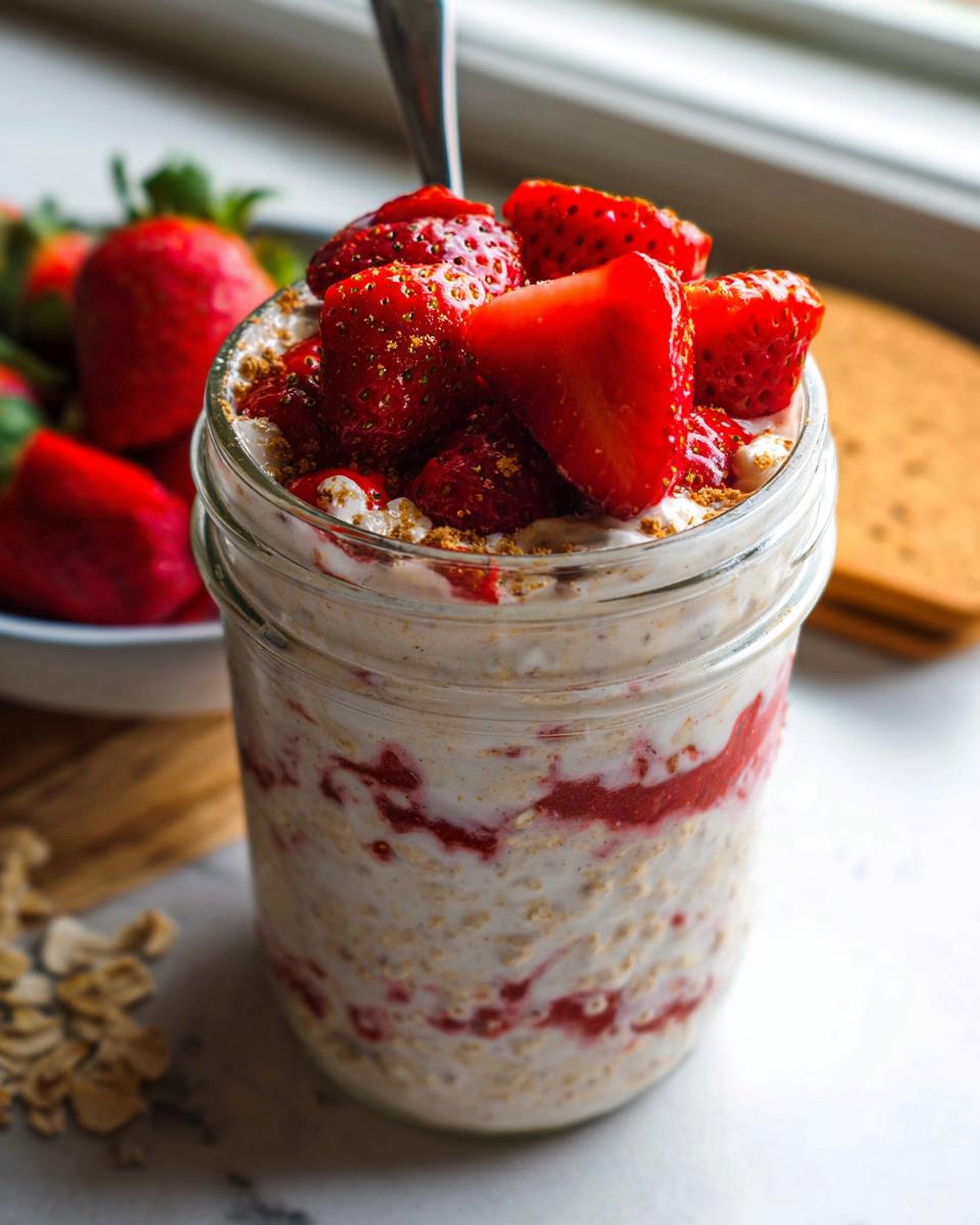Close-up of High-Protein Strawberry Cheesecake Overnight Oats topped with fresh strawberries in a glass jar.