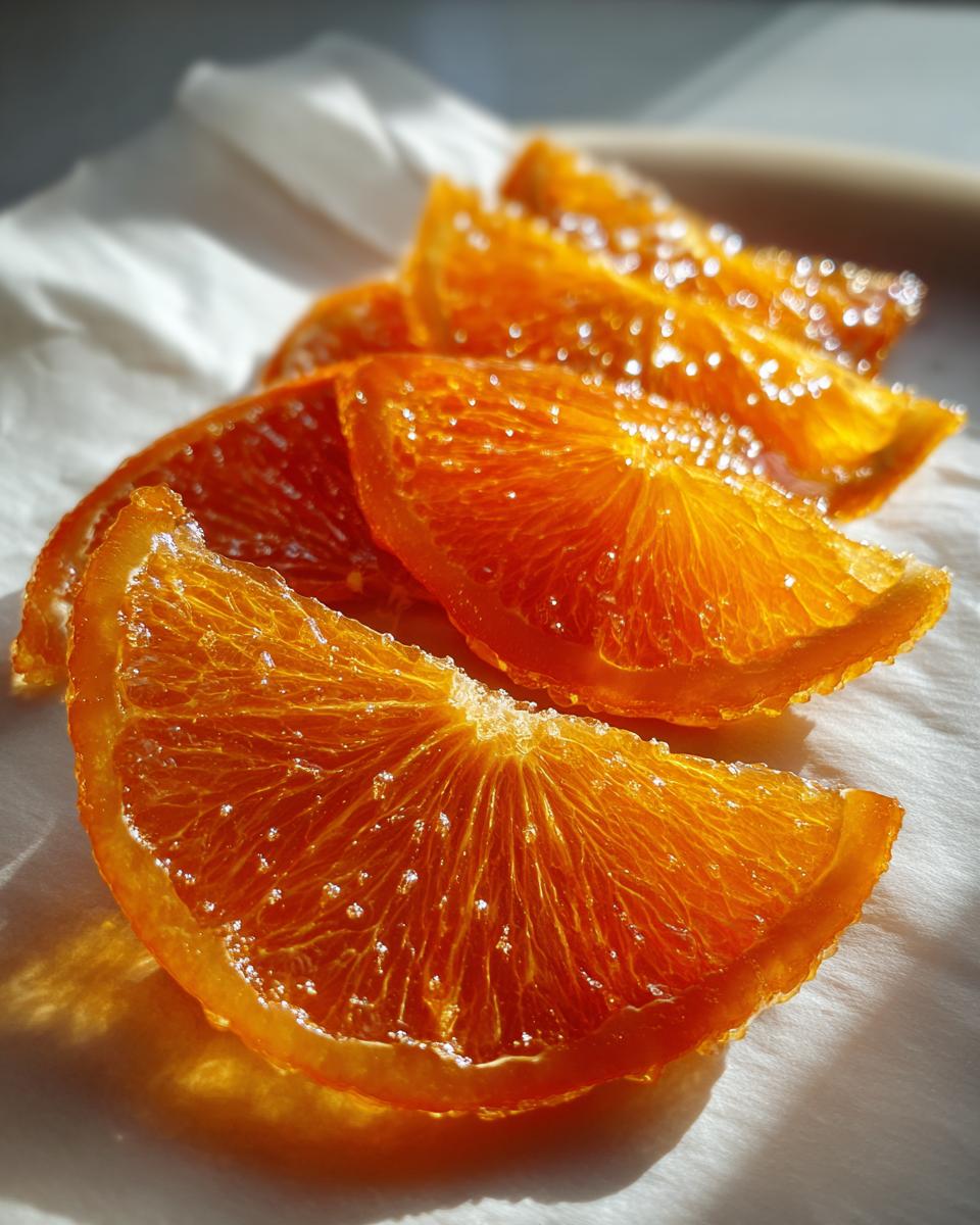 Close-up of glistening Honey Candied Orange Slices sprinkled with sugar, resting on white parchment paper.