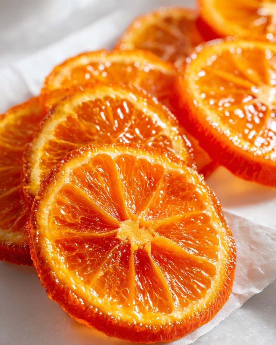 Close-up of glistening, bright orange slices of Honey Candied Orange Slices resting on white parchment paper.