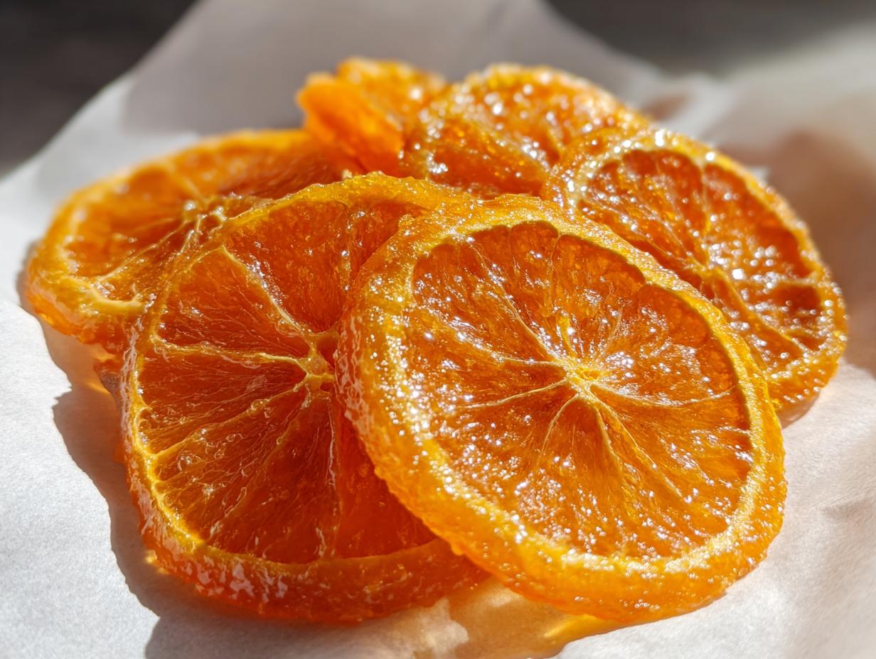 Close-up of glistening, bright orange Honey Candied Orange Slices resting on white parchment paper.