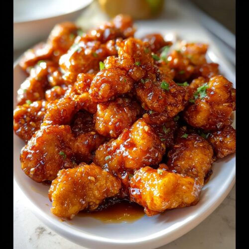 Close-up of crispy, glazed Honey Garlic Dragon Chicken pieces piled high on a white plate.