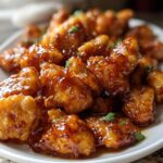Close-up of crispy chicken pieces coated in a thick, glossy sauce, representing Honey Garlic Dragon Chicken.