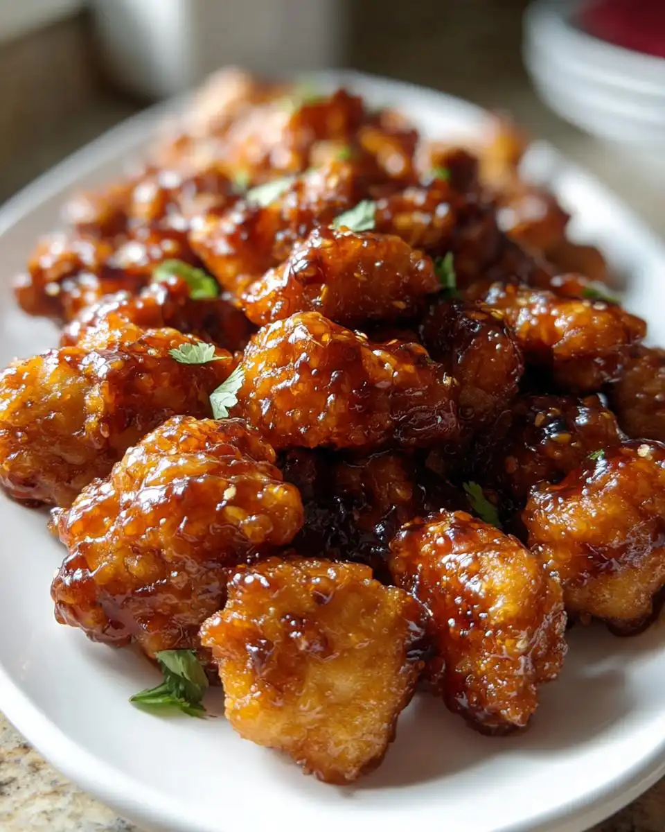 Close-up of crispy chicken pieces coated in a thick, glossy Honey Garlic Dragon Chicken sauce, garnished with herbs.