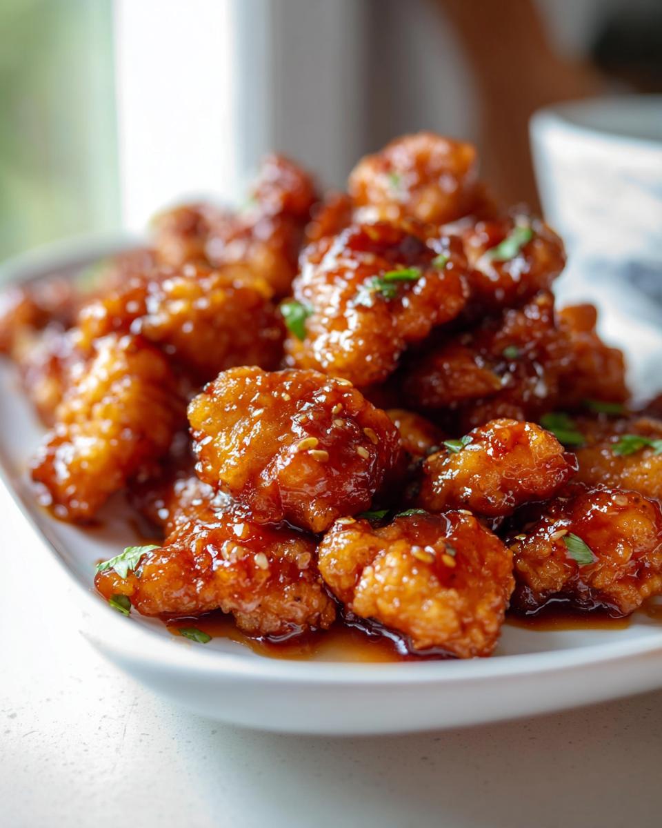 A close-up of crispy, glazed Honey Garlic Dragon Chicken pieces piled on a white plate, garnished with sesame seeds and green herbs.