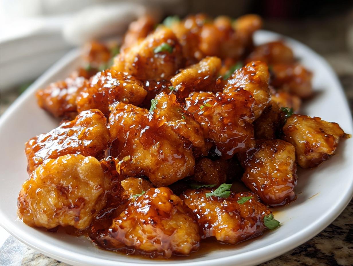 Close-up of crispy chicken pieces coated in a thick, glossy sauce, representing Honey Garlic Dragon Chicken.