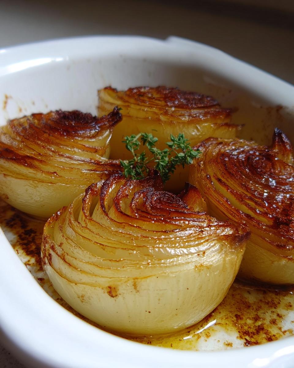 Four perfectly caramelized Honey Roasted Onions halves sitting in a white baking dish with glaze and garnished with fresh thyme.