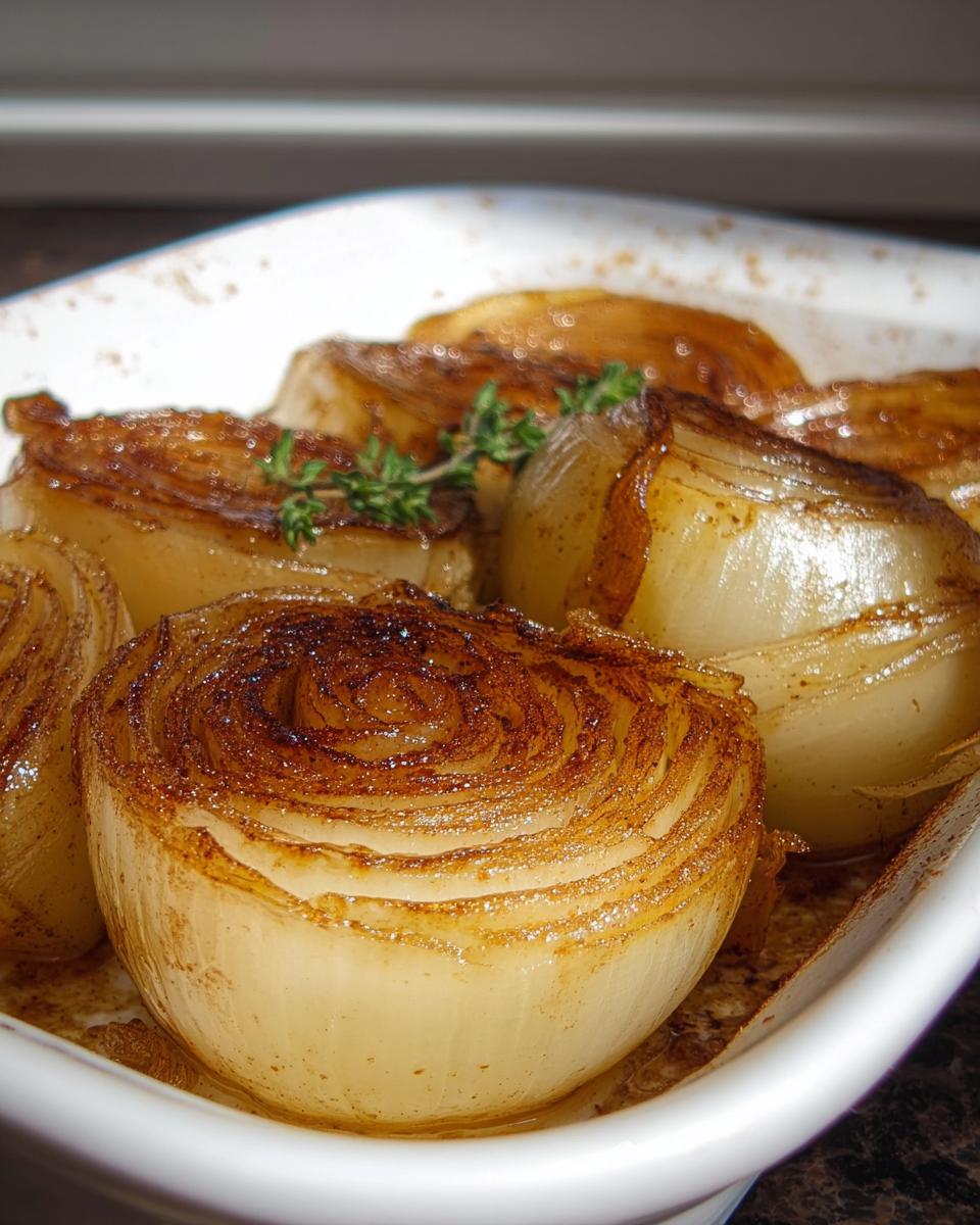 Close-up of caramelized Honey Roasted Onions halves baked in a white dish, garnished with thyme.
