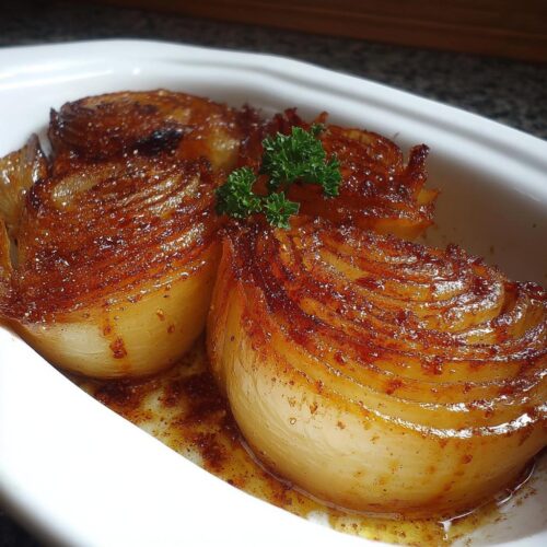 Close-up of caramelized Honey Roasted Onions halves glistening with glaze in a white baking dish.