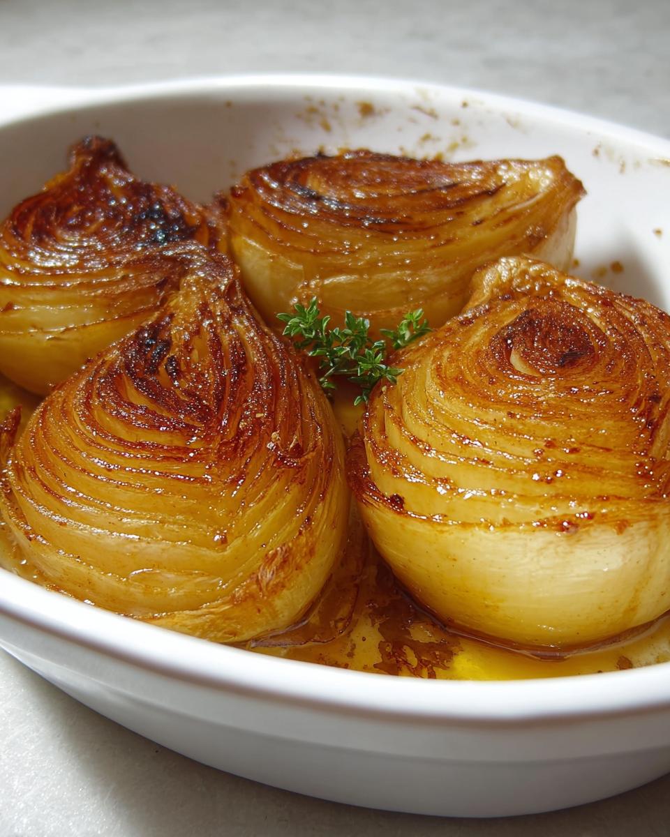 Four beautifully caramelized Honey Roasted Onions sitting in a white baking dish with glaze and a sprig of thyme.