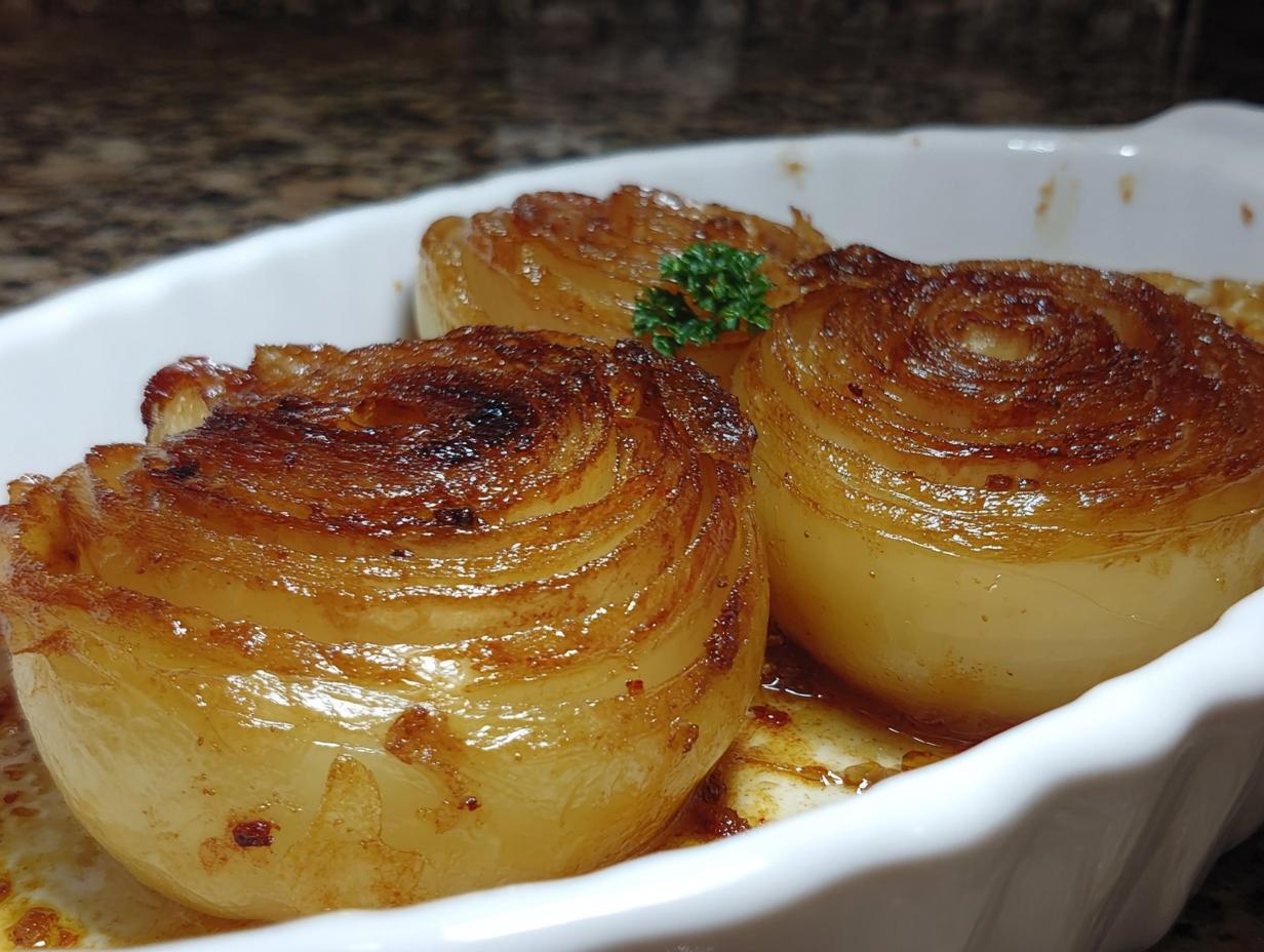 Three beautifully caramelized Honey Roasted Onions, glistening with glaze, served in a white baking dish.