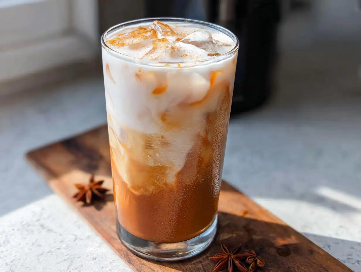 Tall glass of Iced Chai Latte with Brown Sugar, showing layers of rich brown tea and creamy white milk over ice, garnished with spice.