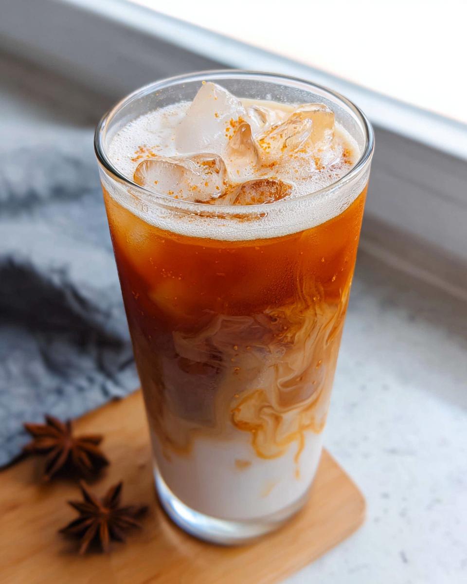 Close-up of a tall glass containing an Iced Chai Latte with Brown Sugar, showing milk swirling into the spiced tea.