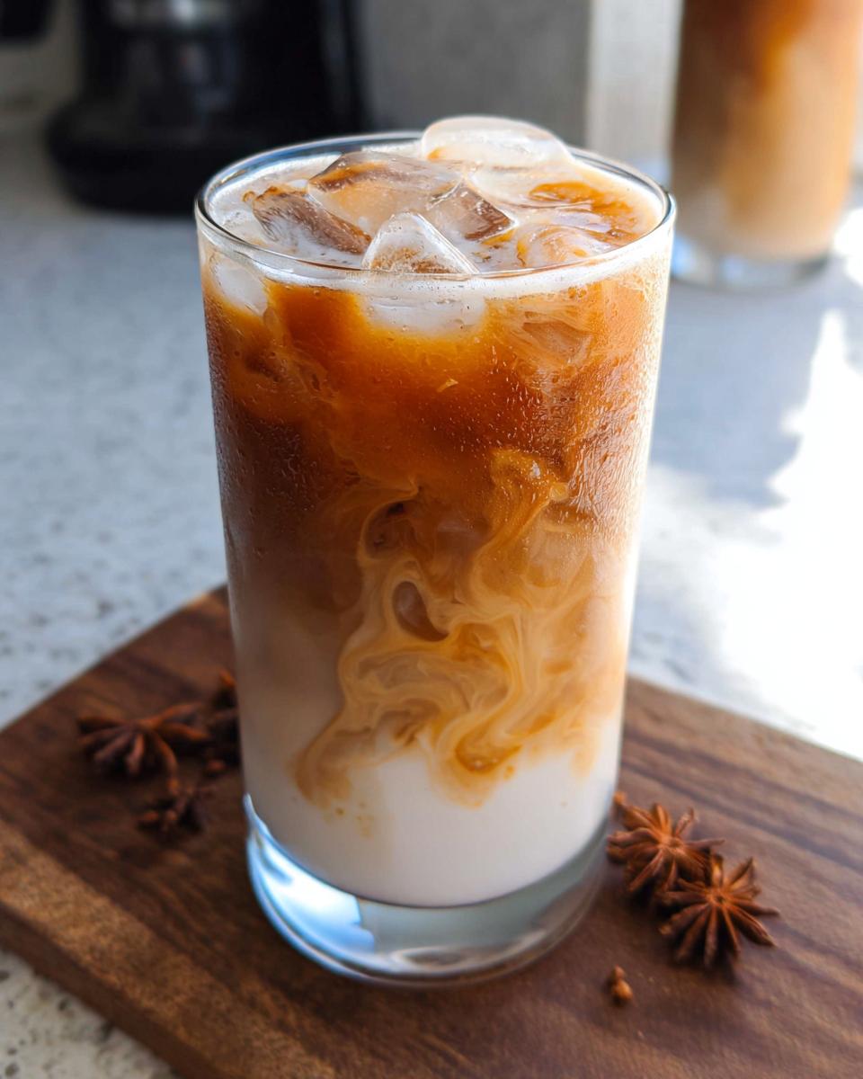 A tall glass of Iced Chai Latte with Brown Sugar showing swirls of milk and spiced tea over ice.