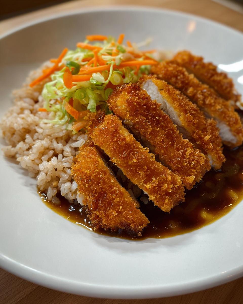 Sliced, crispy Katsu chicken served over brown rice with savory sauce and shredded vegetable topping for a Katsu Bowl with Brown Rice.