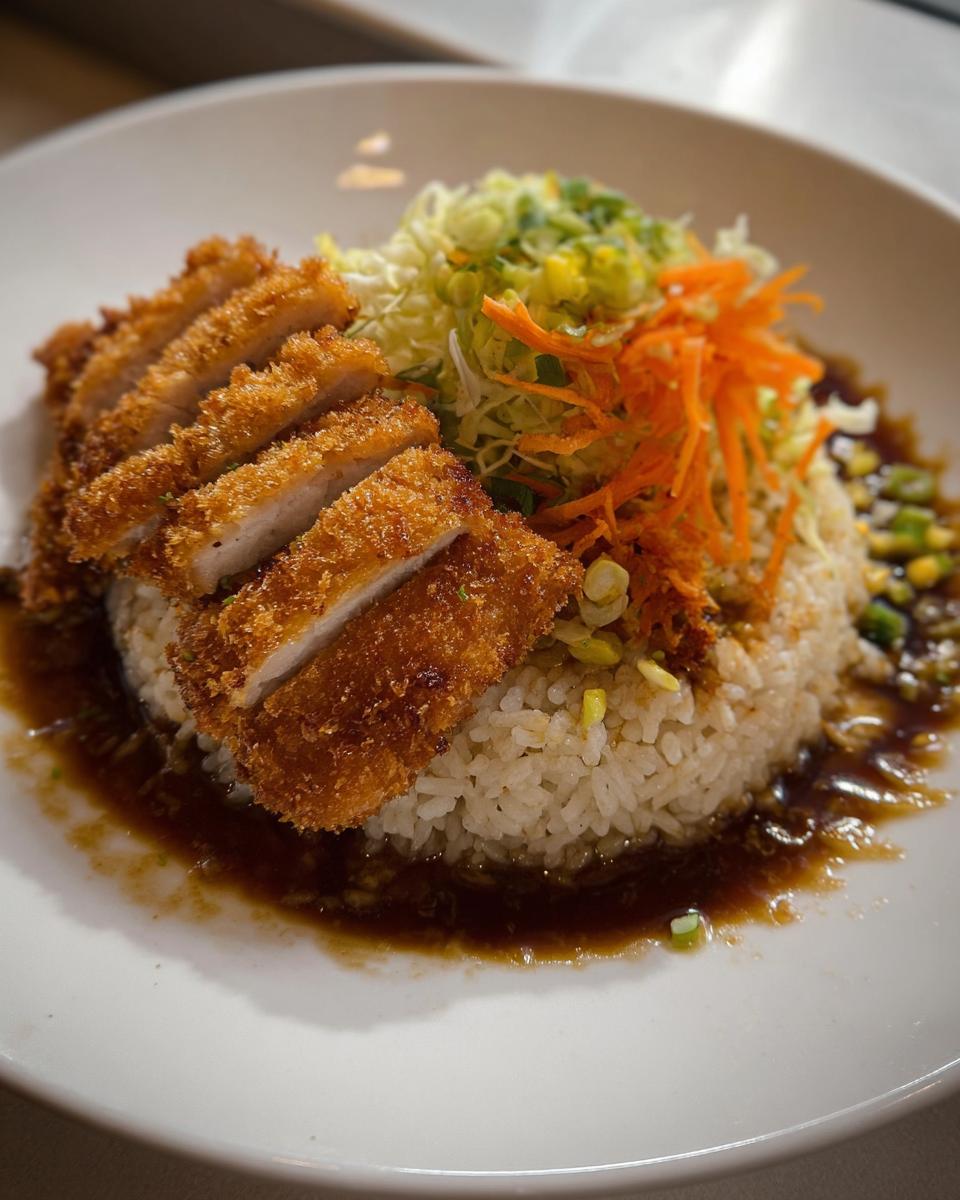 A plated Katsu Bowl featuring sliced, breaded cutlet over brown rice, topped with shredded vegetables and dark sauce.