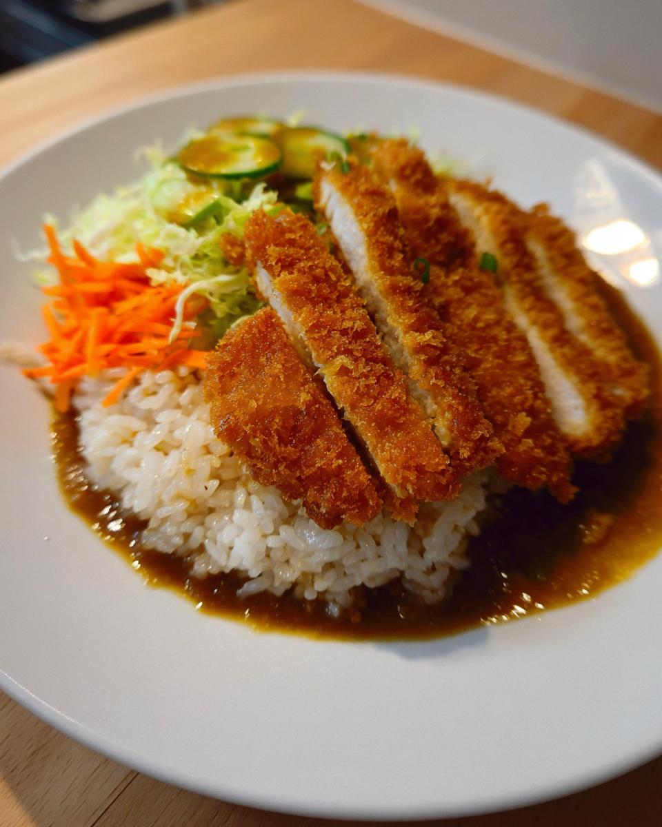 A plate featuring a Katsu Bowl with Brown Rice, topped with sliced crispy fried pork cutlet, shredded carrots, cabbage, and curry sauce.
